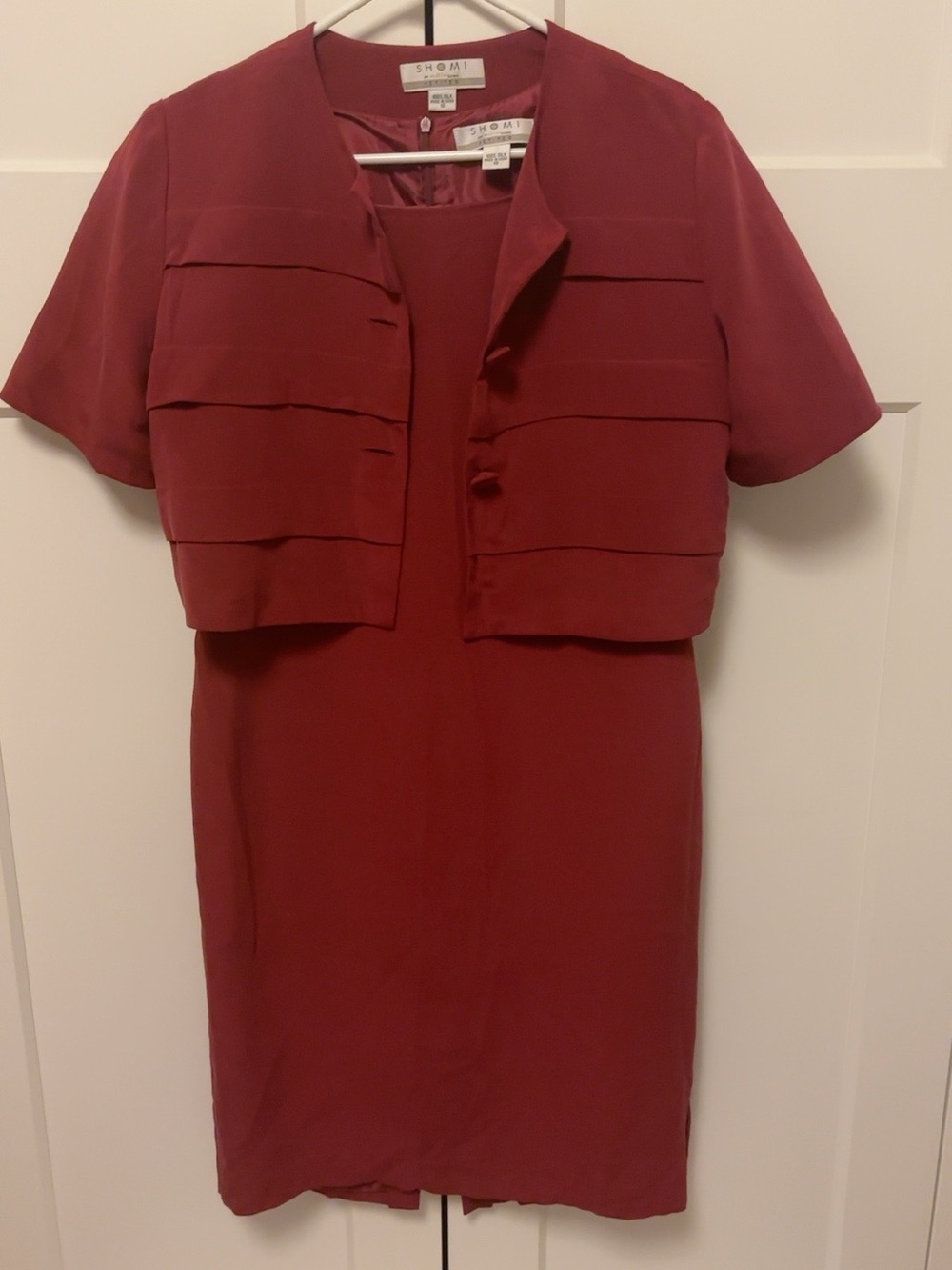 Shomi 100% Silk 2 Piece Dress & Jacket Set Petite 10 Brick Red